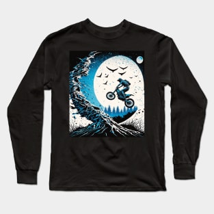 Dirt bike stunt w/moon white and blue Long Sleeve T-Shirt